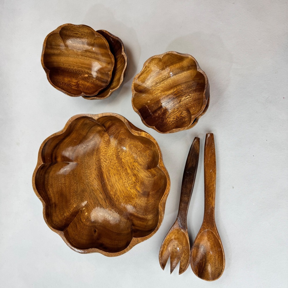 Vintage Monkey Pod Wood Salad Bowl Set 7pc Scalloped Petal Mid Century‎ Modern